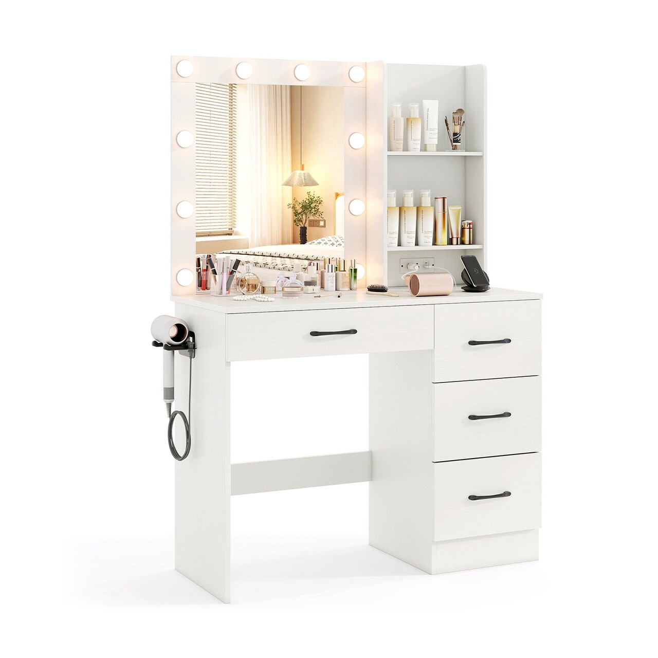 MDF Vanity Desk with Mirror, 3-Color Lighting, Storage and Charging Station